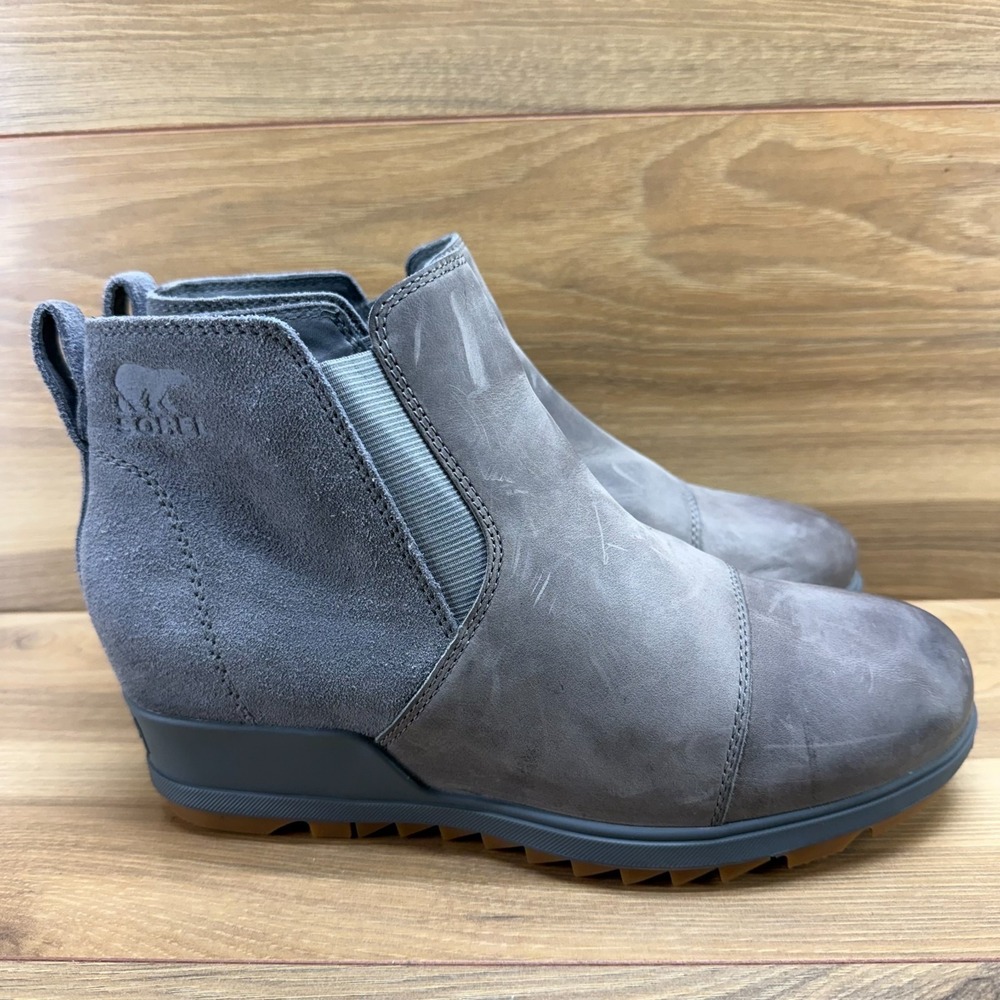 Sorel Evie Wedge Boots Womens 8 Gray Waterproof Nubuck Leather Modern Outdoor